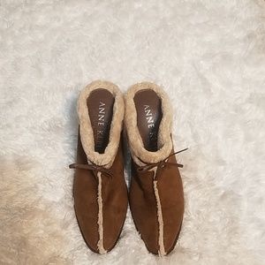 Anne Klein Brown Faux Suede Fur Lined Mule Heels - Comfortable & Stylish